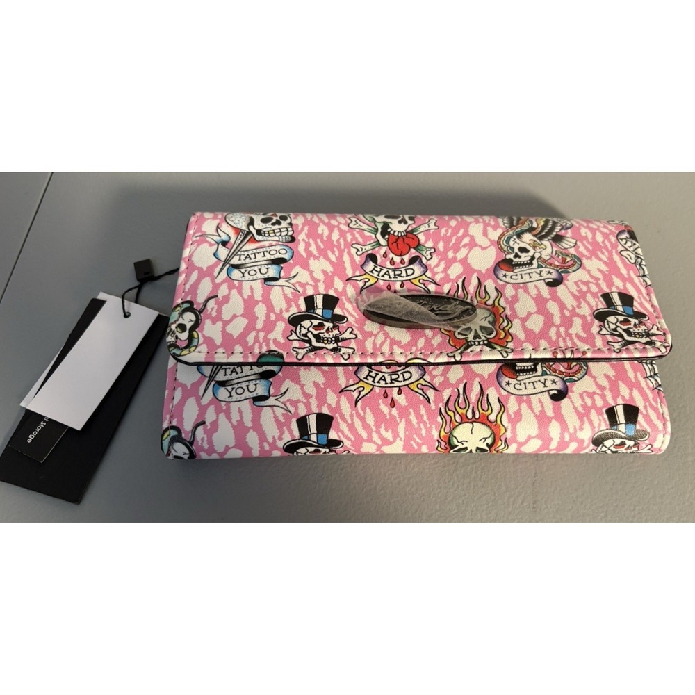 Ed Hardy trifold skull wallet tattoo‎ theme  new pink/white